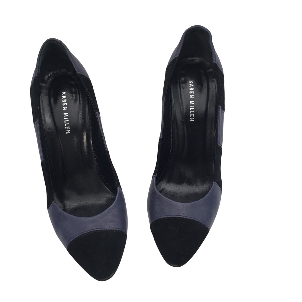 Karen Millen Navy Black Colorblock Suede Leather Striped Heel Pumps Italy 40 - Picture 3 of 8